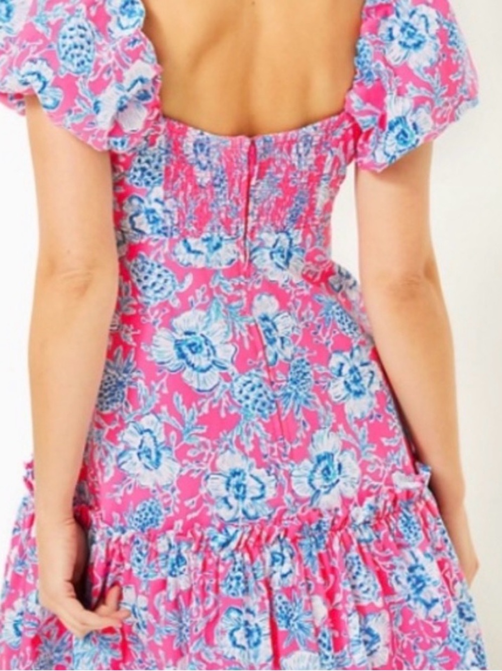 Lilly Pulitzer Pink Floral Puff-Sleeve Mini Dress with Blue Accents - Picture 2 of 6